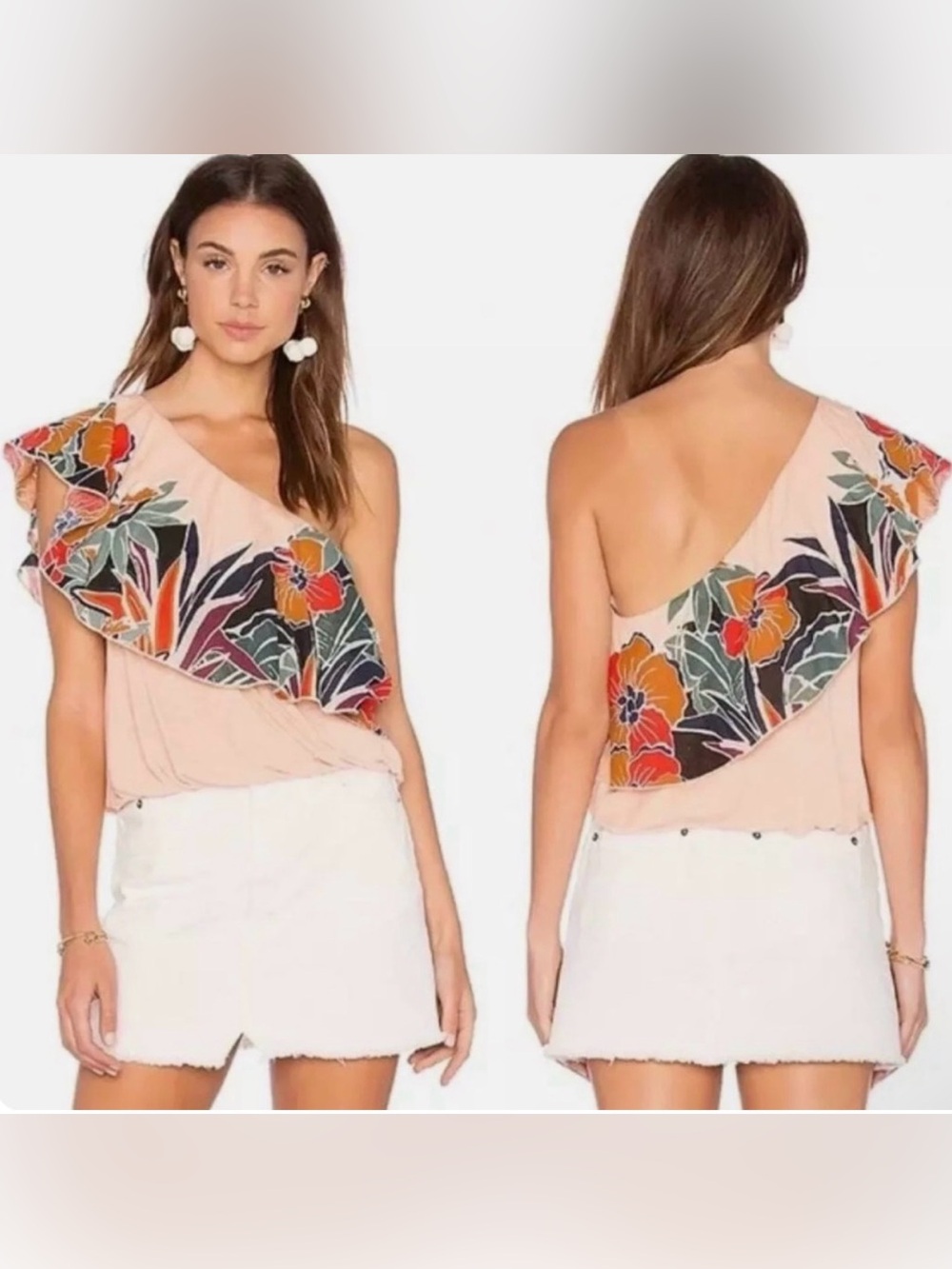 Free‎ People Annka Ruffle One Shoulder Tank Peach Tropical Floral